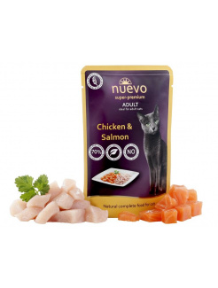 NUEVO cat Adult Chicken & Salmon 85 g kapsičky(exp. 02.08.2026) posledných 6 kusov
