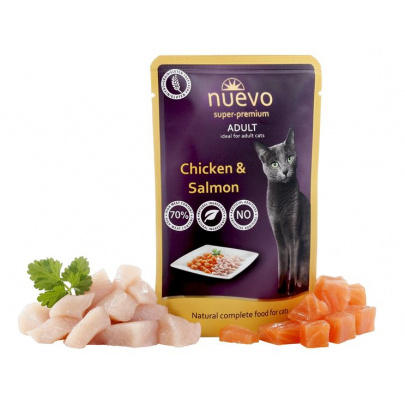 NUEVO cat Adult Chicken & Salmon 85 g kapsičky(exp. 02.08.2026) posledných 11 kusov