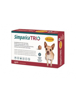 Simparica Trio 1,25–2,5 kg žuvacie tablety pre psy, 3 tbl.
